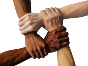 Four arms and hands interlocked together